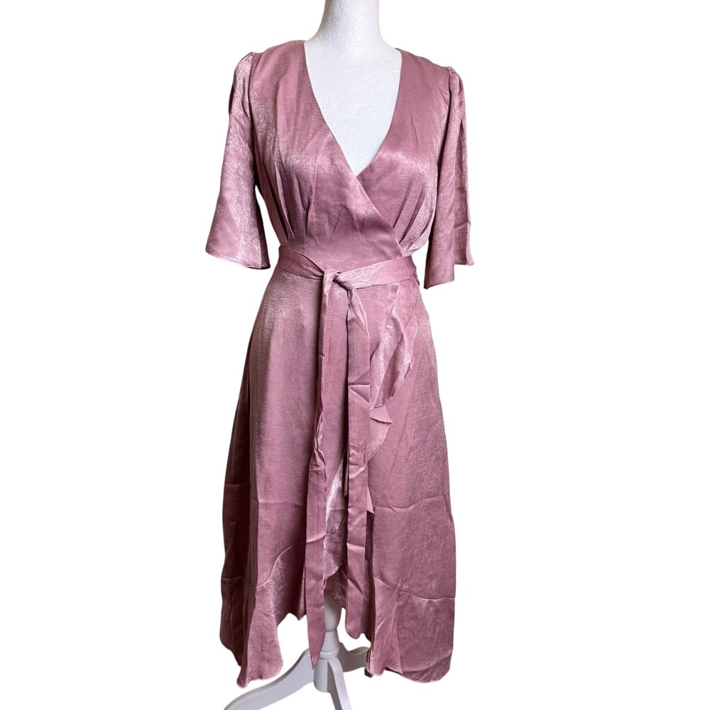 Lulus Mauve‎ Pink Satin Flutter Sleeve Ruffle High Low Wrap Midi Dress Small NWT